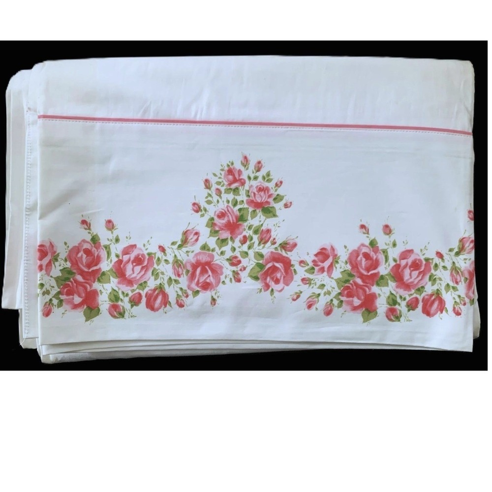 1960 Cannon TWIN FLAT Sheet PINK ROSE GARLAND Piping Cotton Fabric NOS Vtg READ